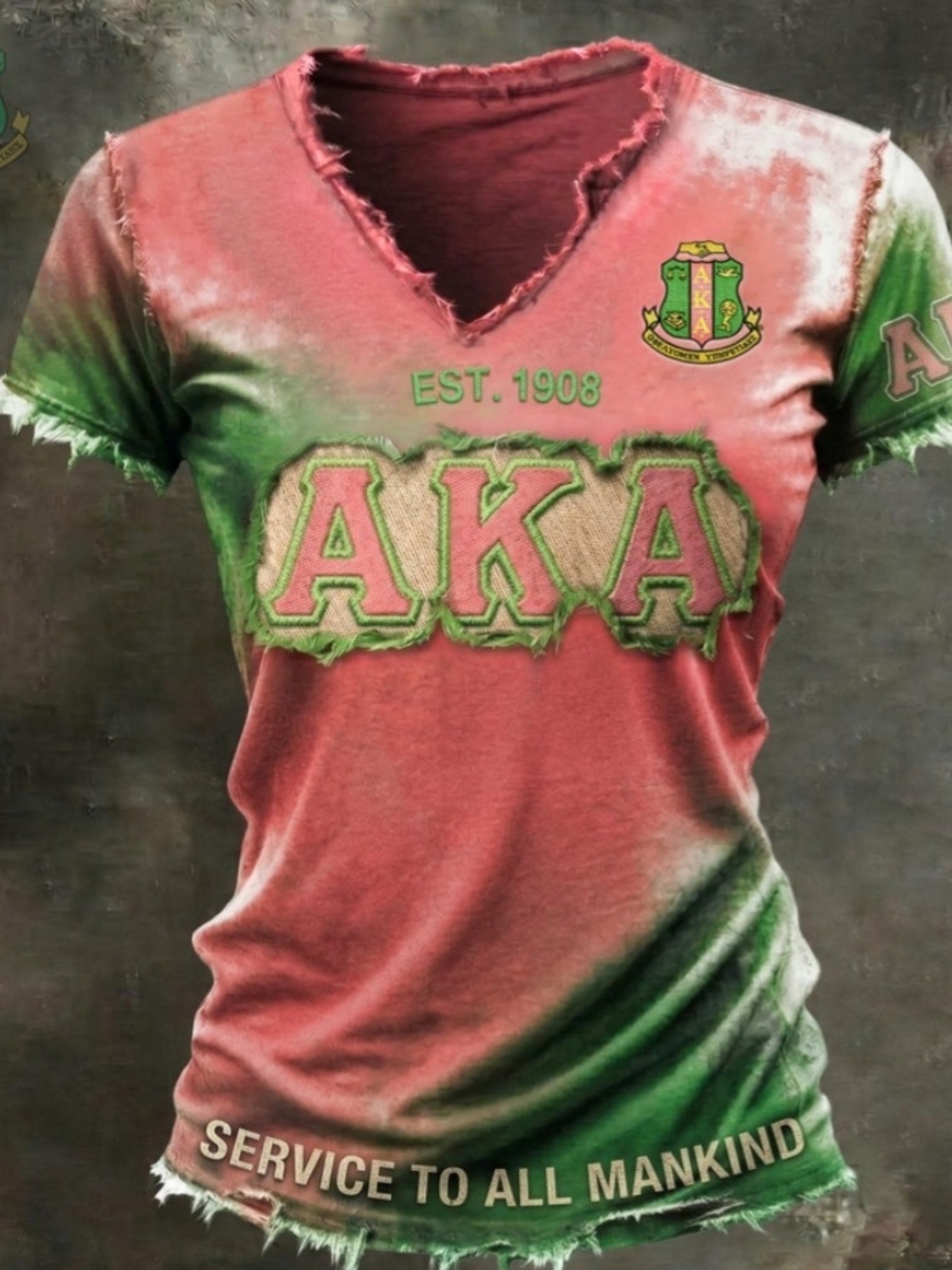 Source Unknown Pink & Green AKA Crest Distressed V-Neck Tee